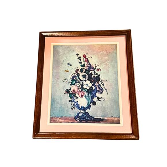 Vintage Floral Still Life Framed Art Print • Pastel Flowers in Urn • Pink Mat - Picture 1 of 7